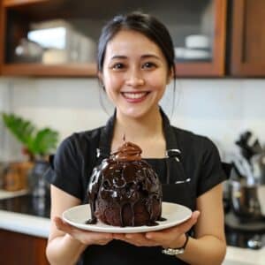 about : elena in a black apron holding a rich chocolate bundt cake topped with glossy chocolate ganache in a cozy his kitchen setting.