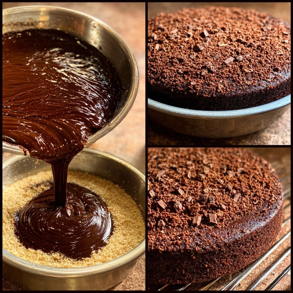 Step-by-step chocolate cake preparation with ganache and baked sponge