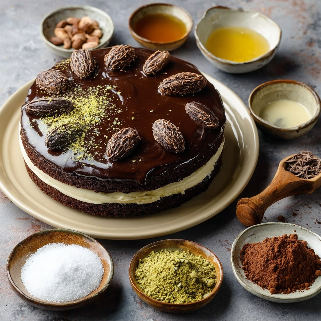 Dubai chocolate cake with pistachio cream and ganache surrounded by key baking ingredients