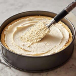 Spatula spreading softened vanilla ice cream over a gluten-free cake base in a springform pan.