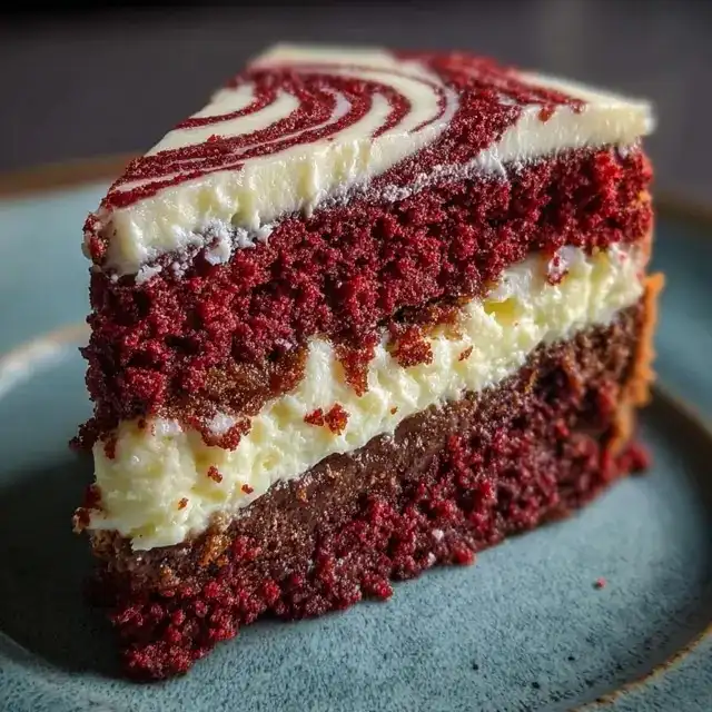 red velvet brownie slice with cream cheese swirl