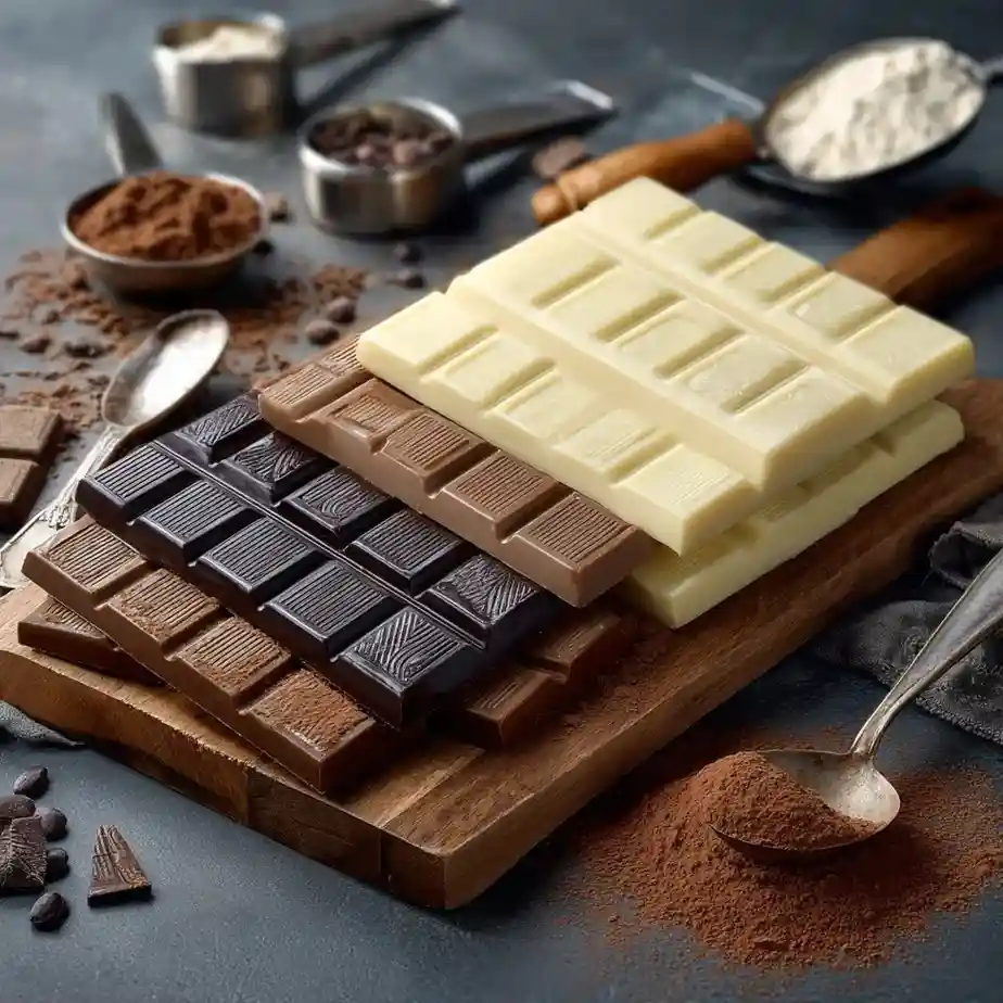 Dark, milk, and white chocolate arranged for cake baking