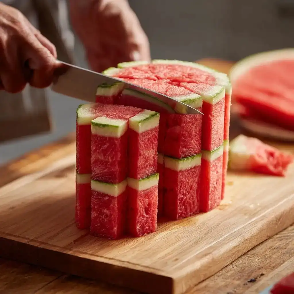 carving watermelon layers for homemade watermelon cake