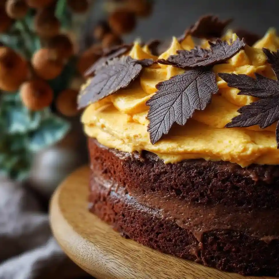 Rustic pumpkin spice cake with chocolate leaf topping