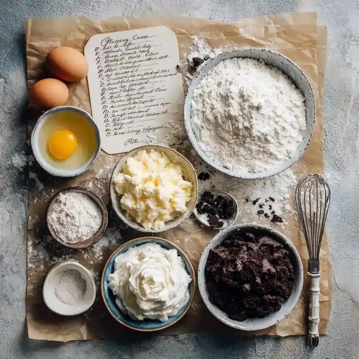 Overhead view of gluten-free ice cream cake baking ingredients including flour, eggs, whipped cream, cocoa crumbles, and handwritten recipe on parchment.