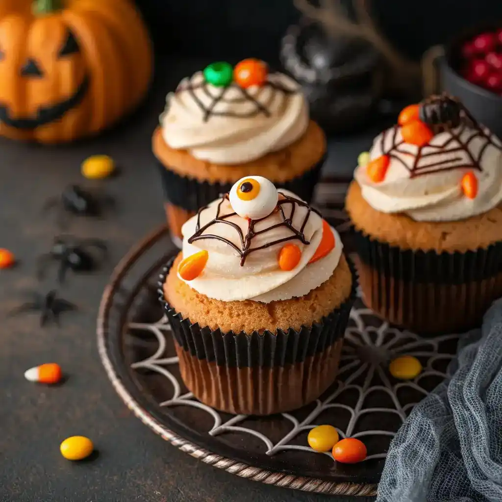 Halloween-themed decorated pumpkin cupcakes