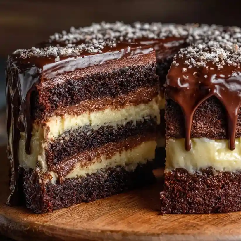 Triple chocolate cake sliced to show rich chocolate layers