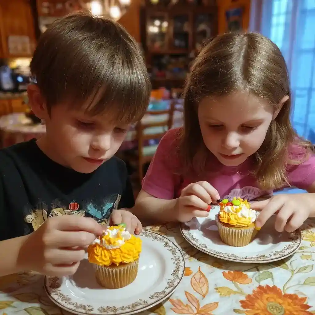 Kids decorating fall cupcakes with orange frosting