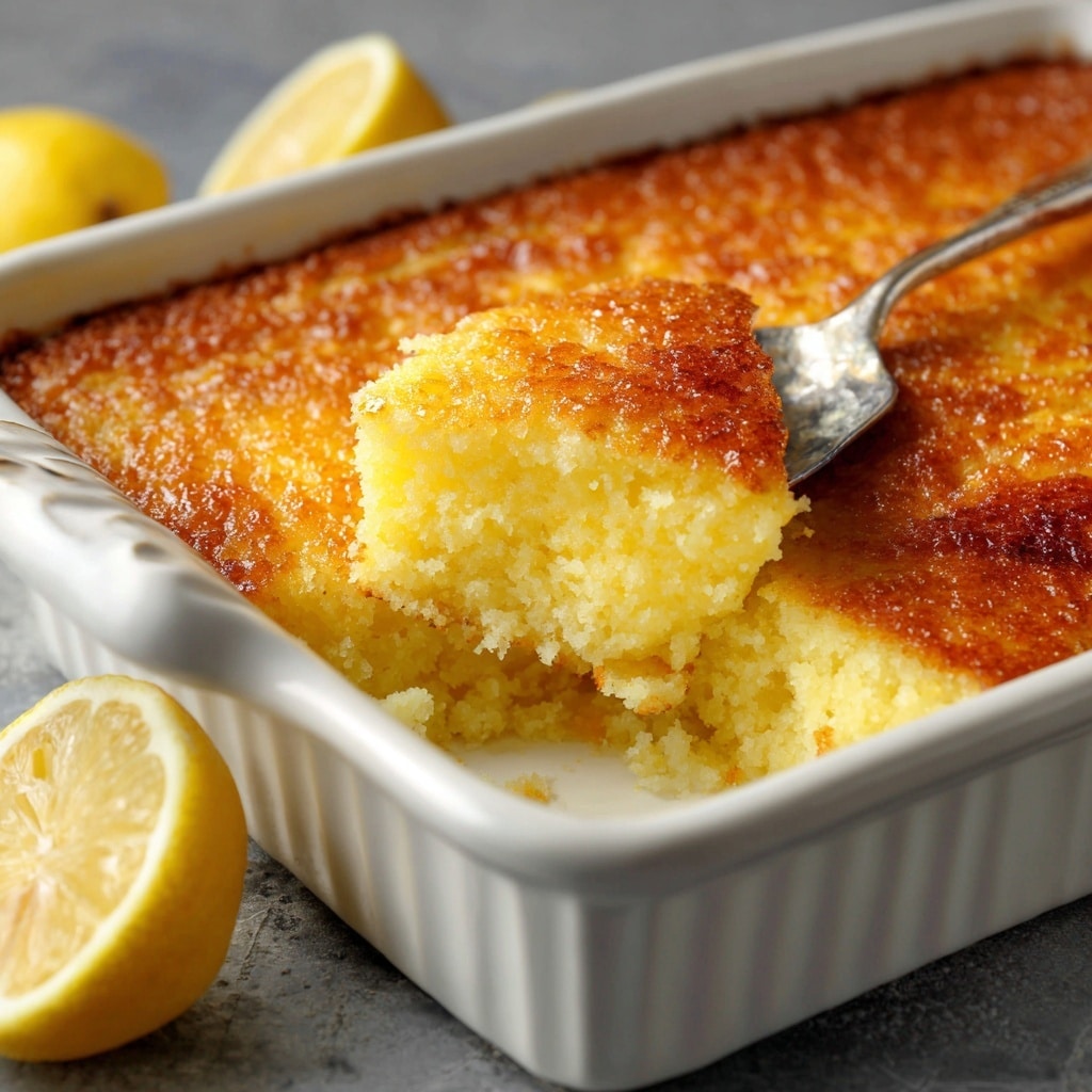 lemon dump cake recipe baked in white dish with golden topping
