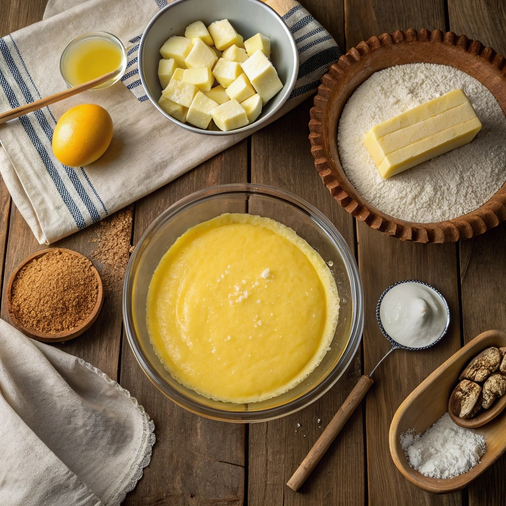 lemon dump cake recipe ingredients on wooden table