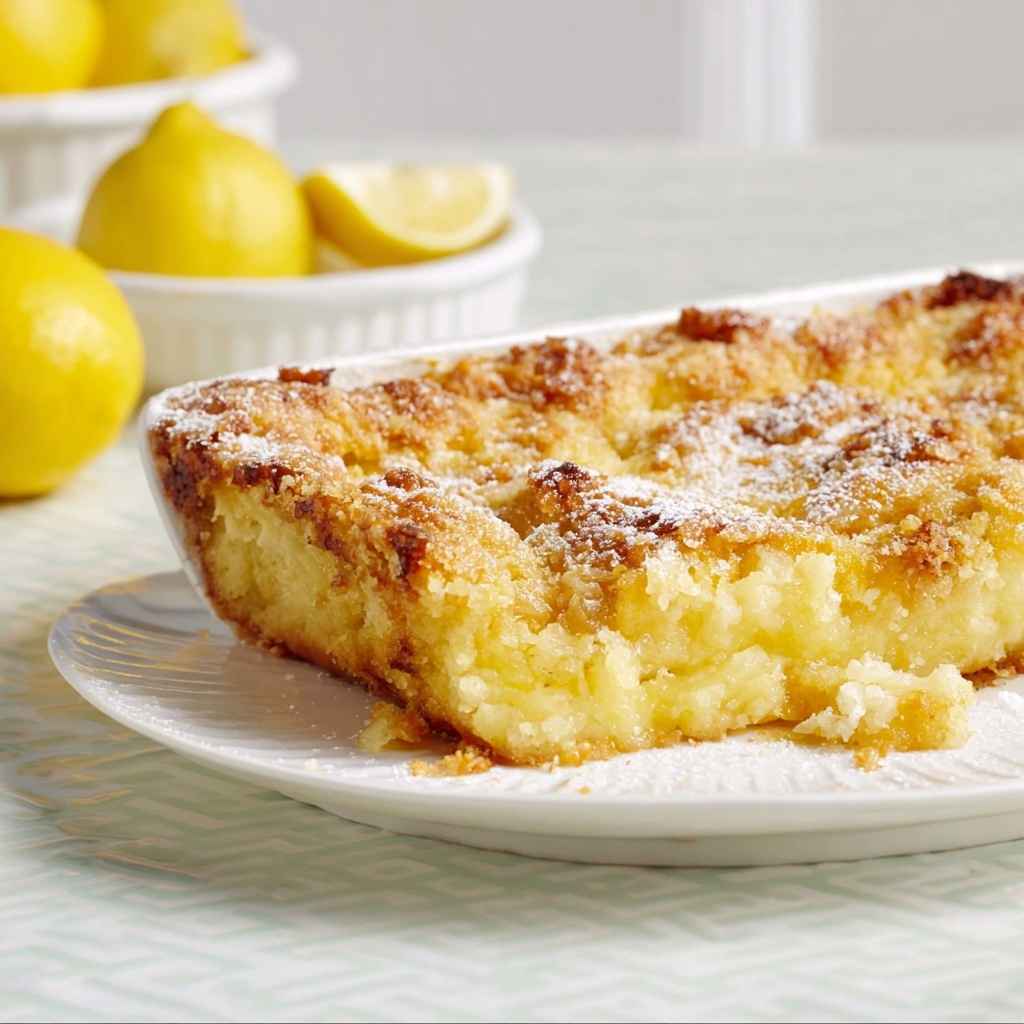 lemon dump cake recipe baked in white dish with golden topping