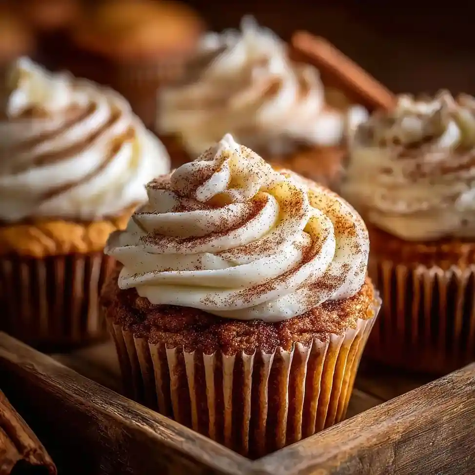 Pumpkin cinnamon roll cupcakes with cream cheese frosting