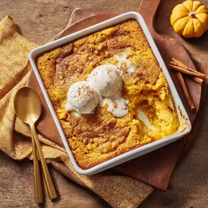Pumpkin dump cake baked in dish
