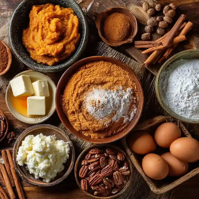 Pumpkin dump cake ingredients flat lay