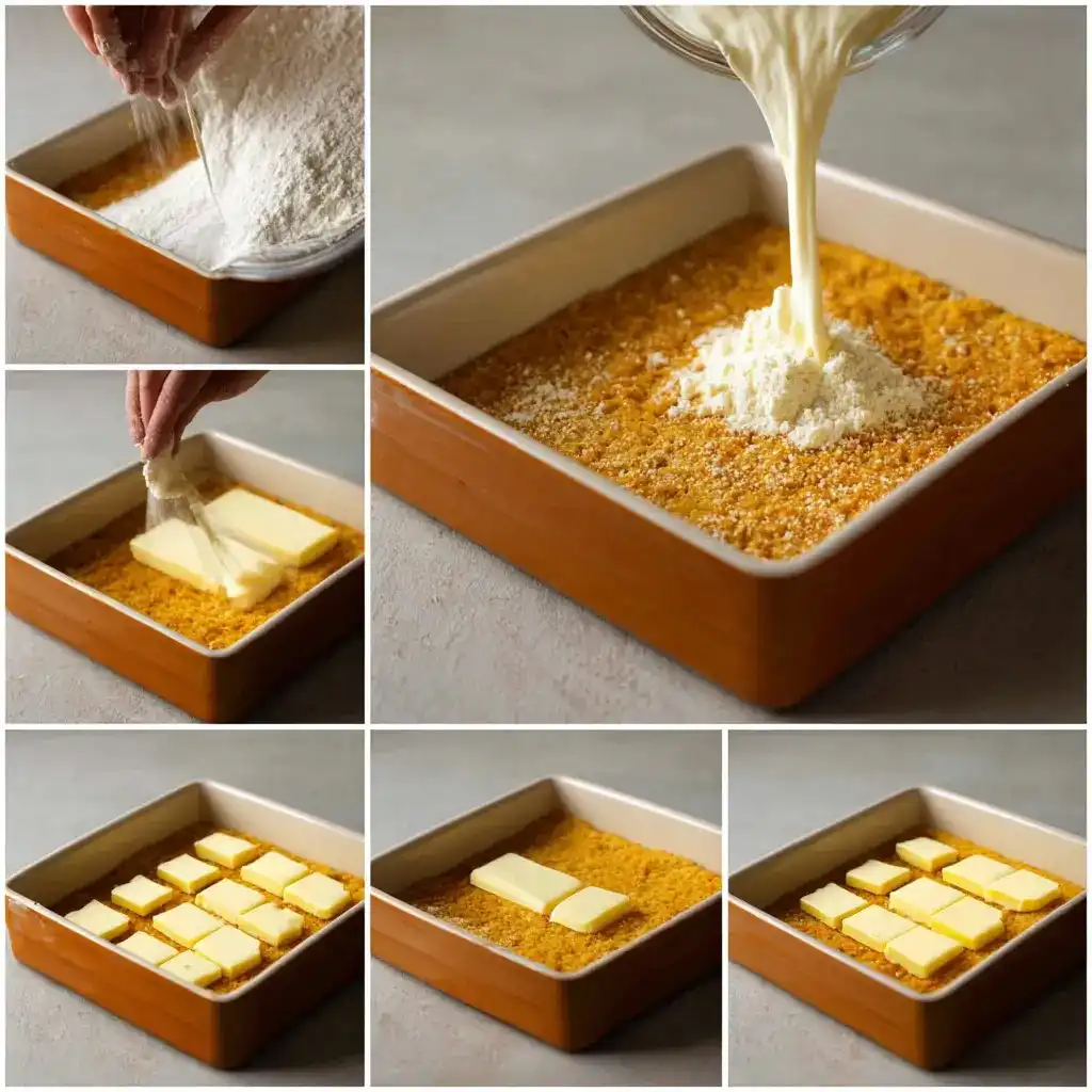 Pumpkin dump cake baking process in pan