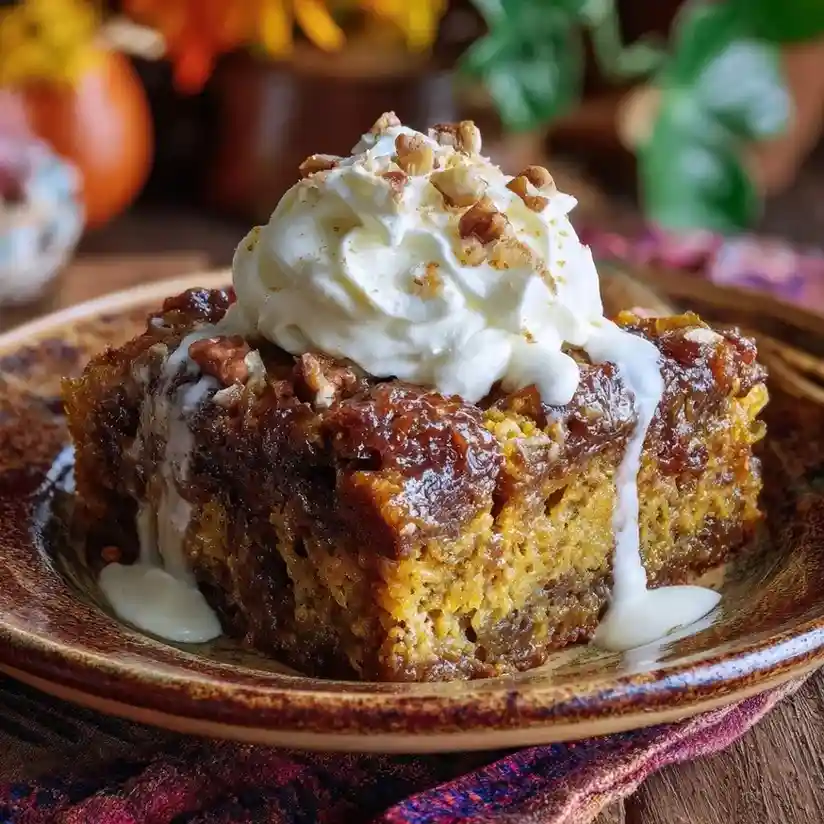 Pumpkin dump cake slice with whipped cream