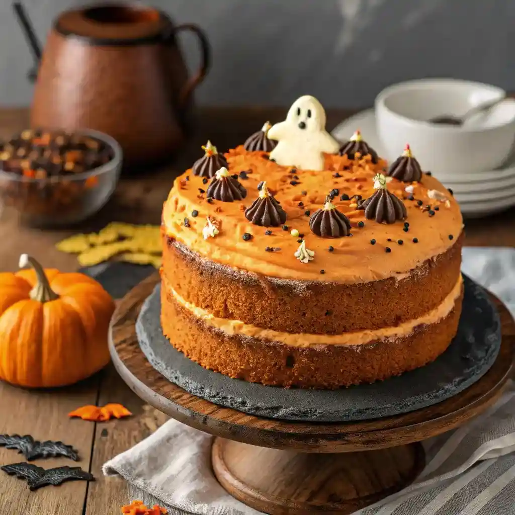 Easy pumpkin spice cake for Halloween with spooky decorations