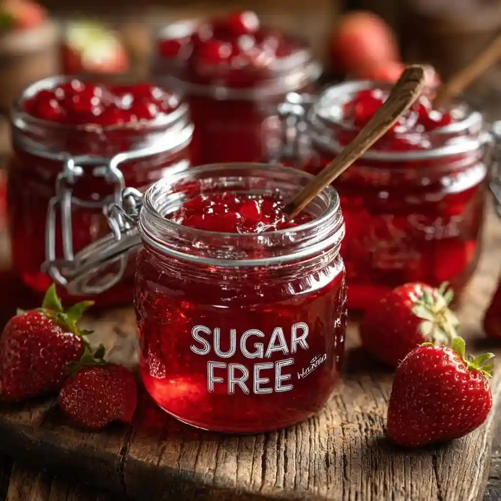 Sugar-free strawberry glaze in glass jars