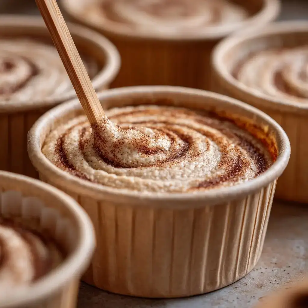 Swirling cinnamon sugar into pumpkin cupcake batter