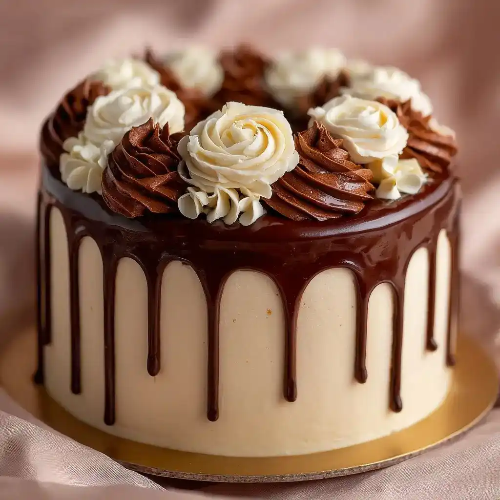 Decorated triple chocolate cake with ganache drip and curls
