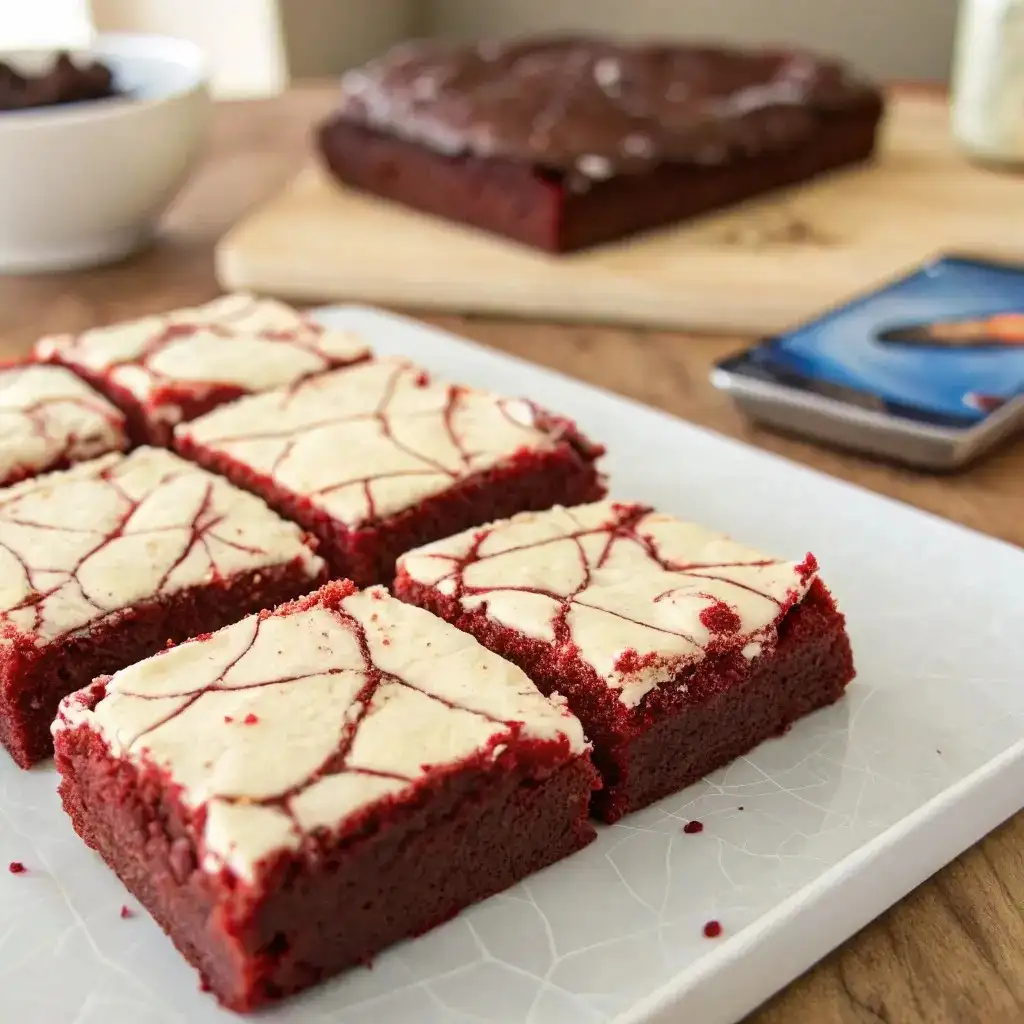 red velvet brownie slice with cream cheese swirl