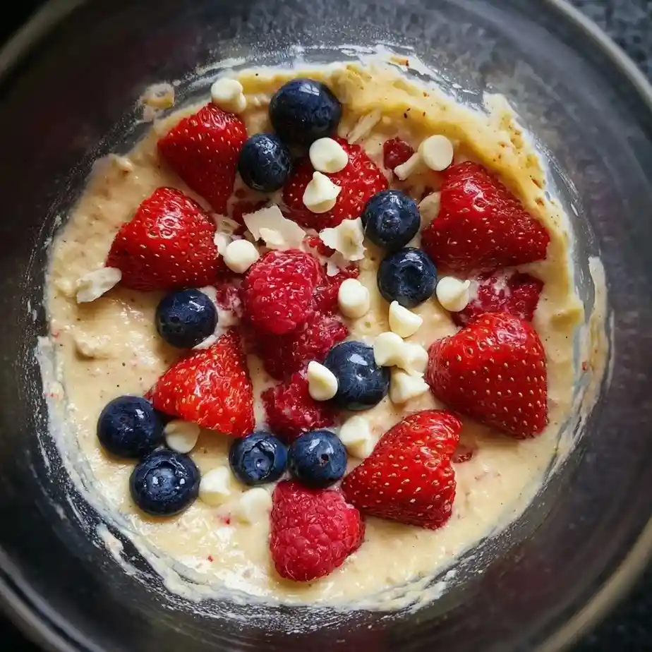 Vanilla cake mix with berries and chocolate chips
