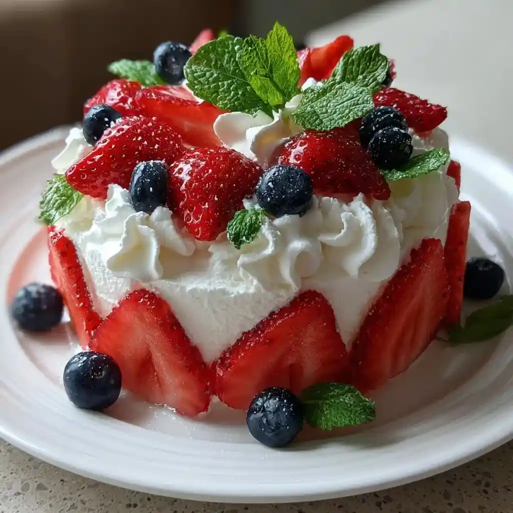 no-bake watermelon cake with whipped cream and fresh berries