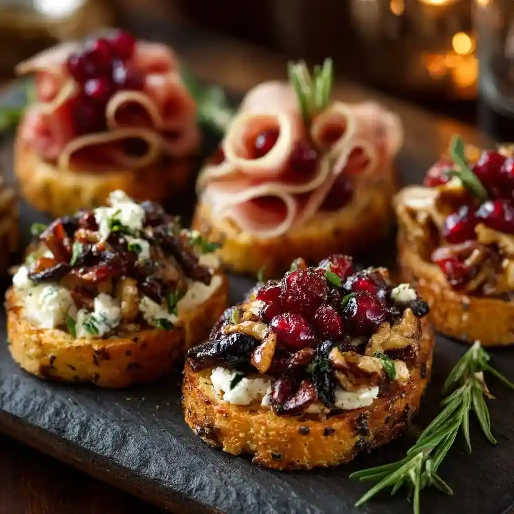 Festive Thanksgiving crostini topped with goat cheese, cranberries, prosciutto, and herbs on a rustic serving board.