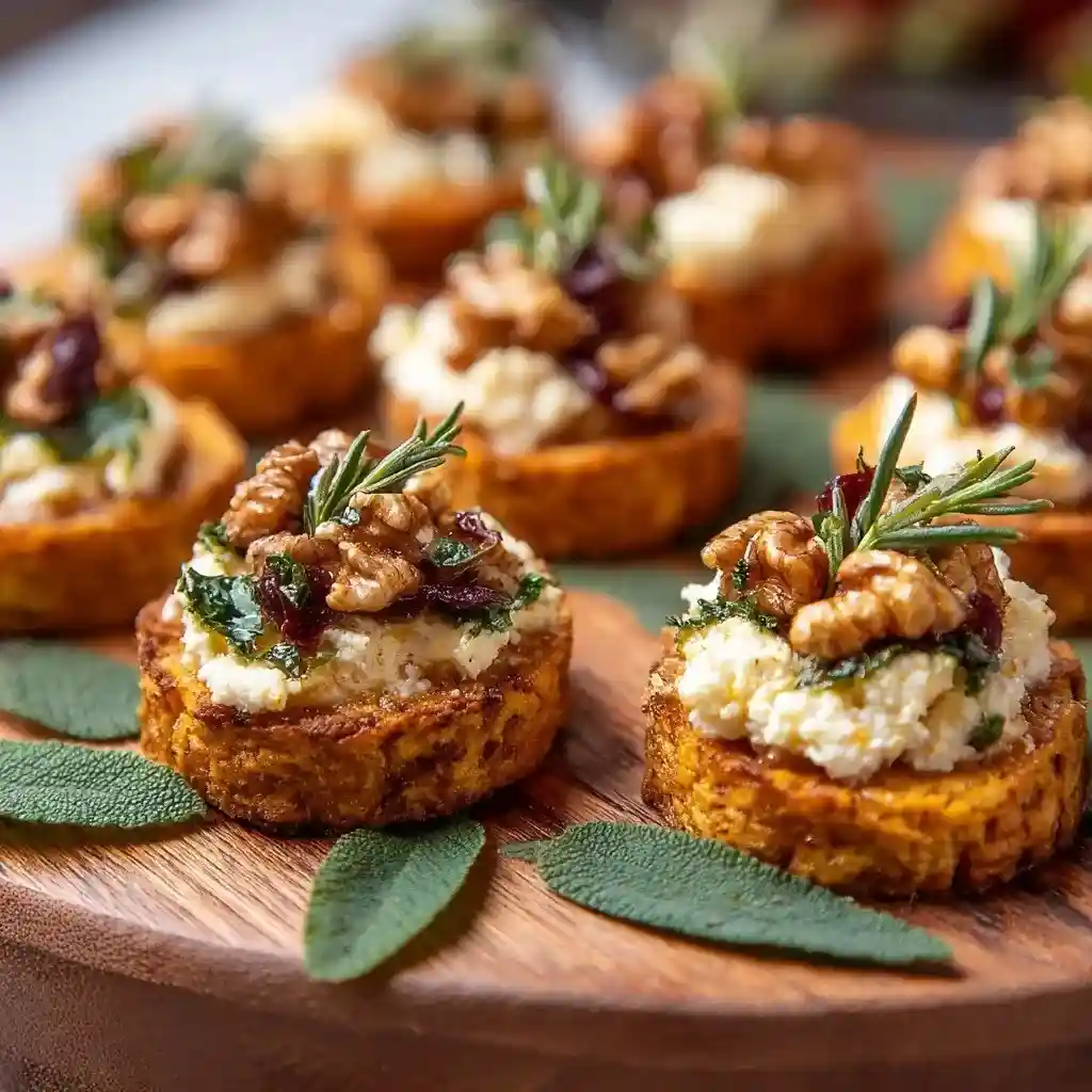 Mini Thanksgiving appetizer bites with cheese, walnuts, herbs, and cranberries on a wooden serving tray.