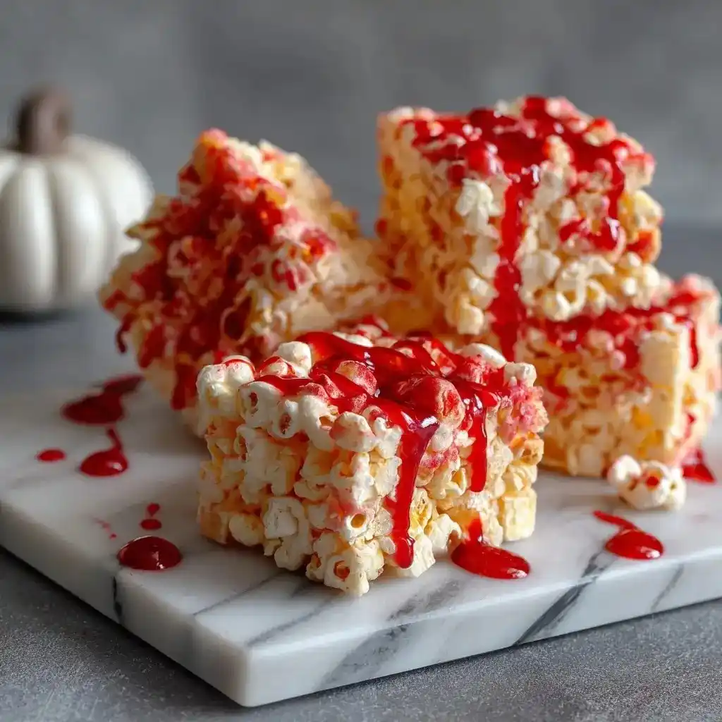 Popcorn bars drizzled with red syrup, styled as Halloween-themed food.