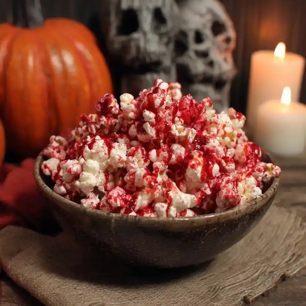 Bowl of bloody popcorn styled with pumpkins, skulls, and candles for Halloween decor.