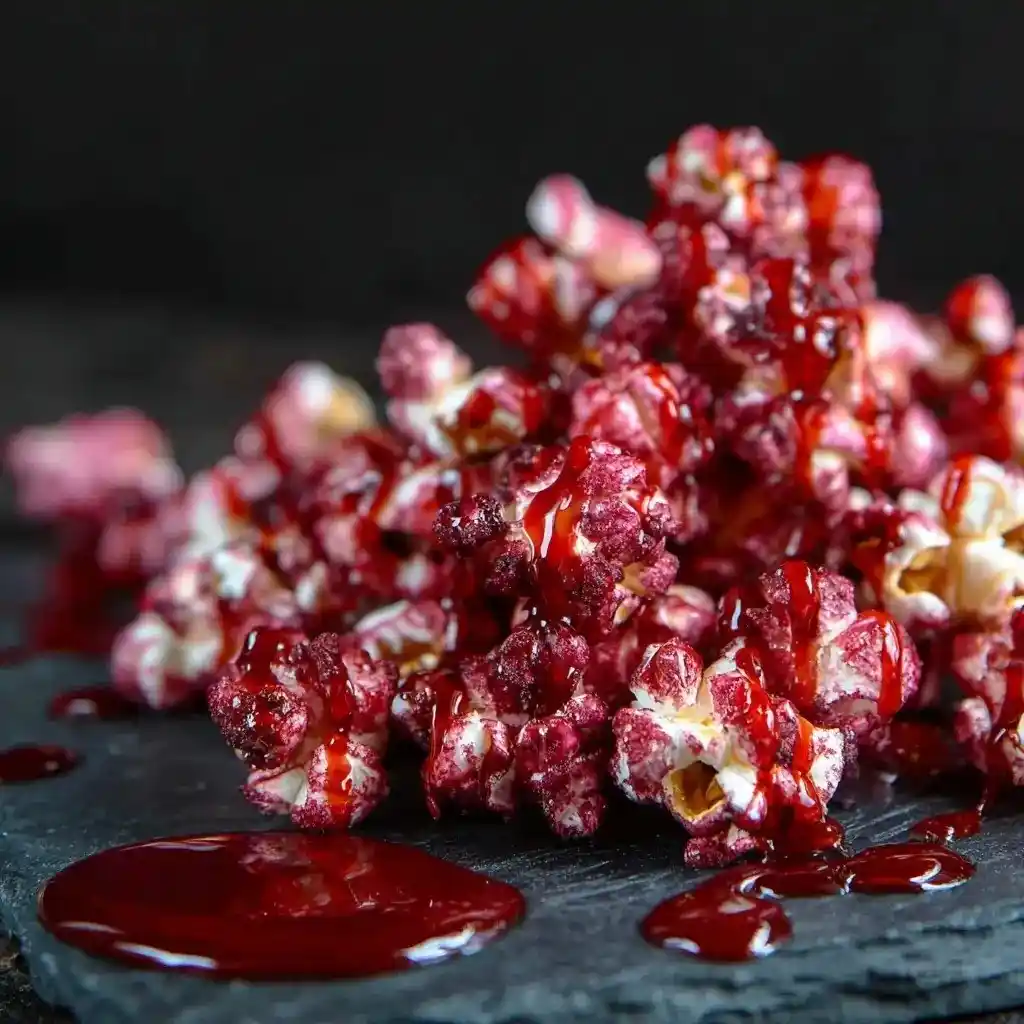 Close-up of bloody popcorn coated in red syrup, served on dark slate for Halloween vibes.