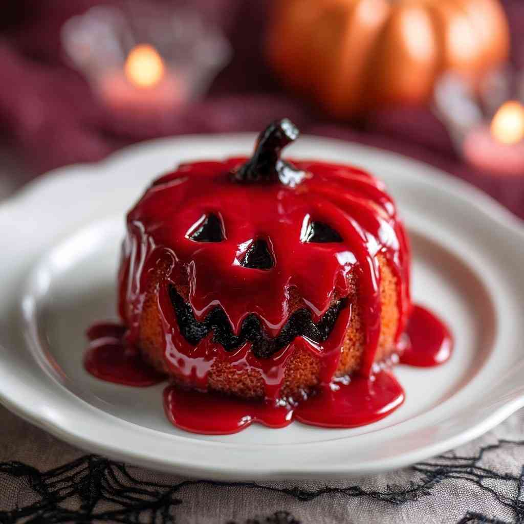 Mini pumpkin-shaped Halloween cake with carved face, dripping with bright red glaze like blood