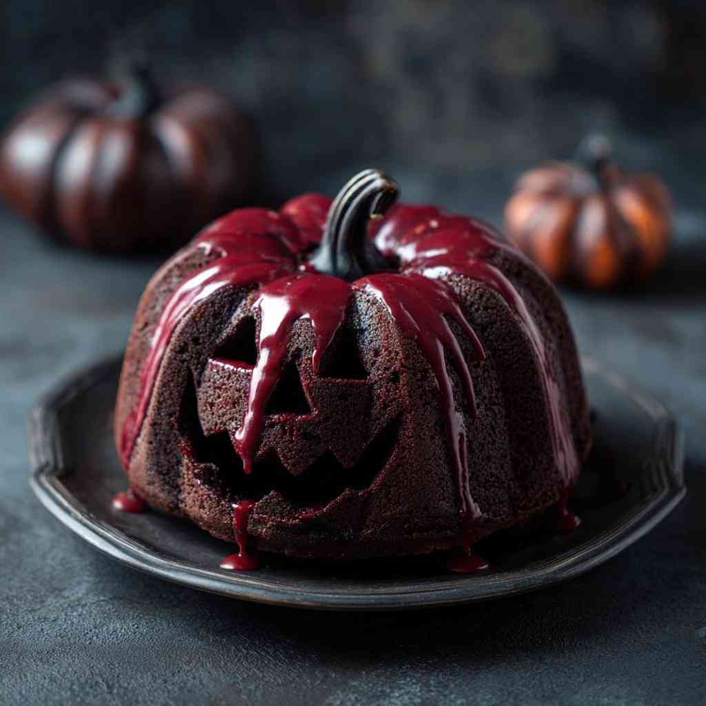 Spooky chocolate bundt cake carved with a jack-o’-lantern face, covered in red blood-like glaze