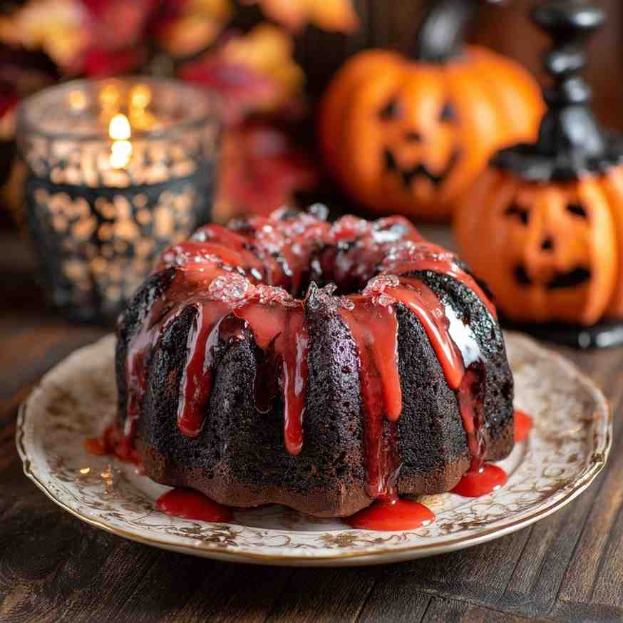 Halloween bundt cake topped with dripping red glaze, surrounded by glowing pumpkins and candlelight.