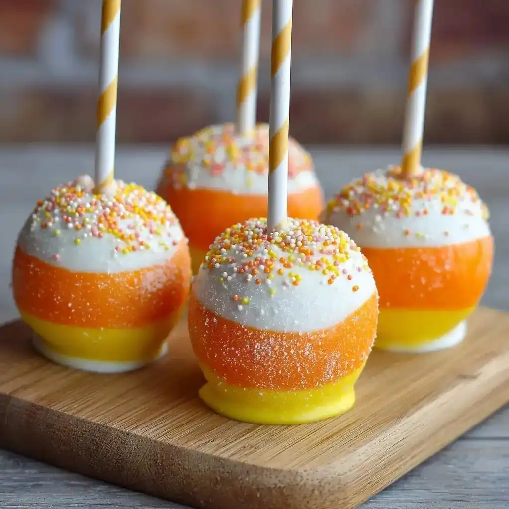 Candy corn cake pops with yellow, orange, and white layers topped with colorful sprinkles and striped paper straws.