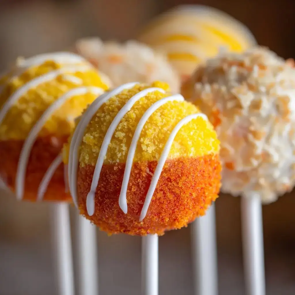 Close-up of candy corn cake pops coated in yellow and orange crumbs, decorated with white icing drizzle.