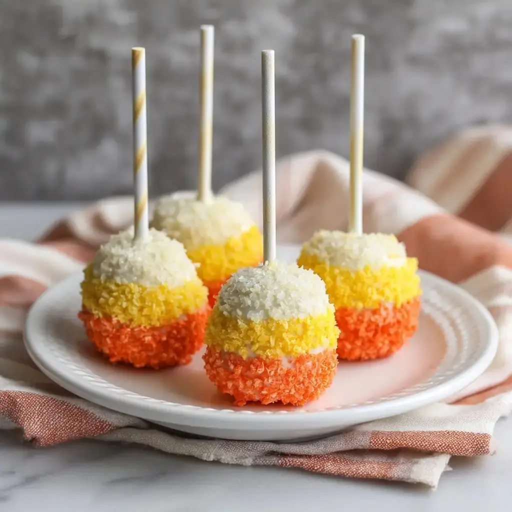 Candy corn cake pops with textured sugar coating in white, yellow, and orange layers on a white plate.