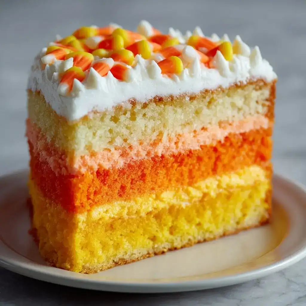 A slice of layered candy corn cake with yellow, orange, and white layers topped with whipped frosting and candy corn pieces.