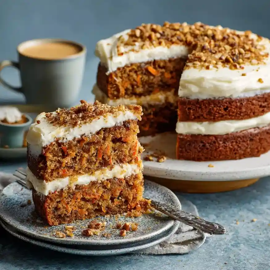 A layered carrot cake with cream cheese frosting and chopped nuts, with one slice served on a rustic plate.
