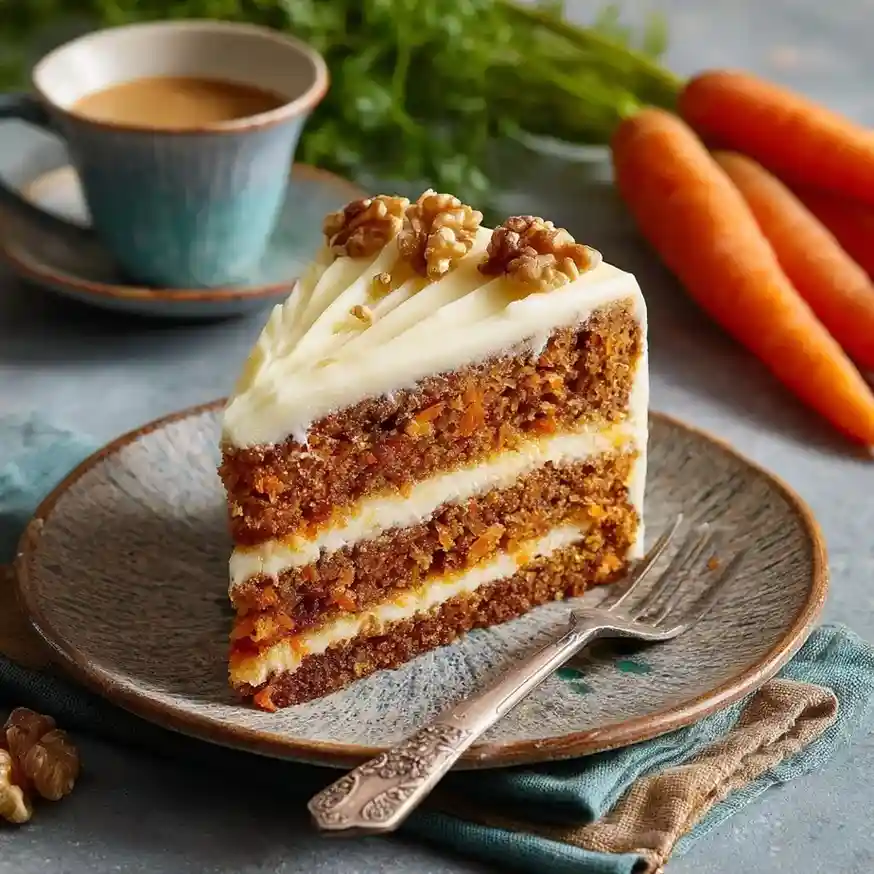 A slice of moist carrot cake with cream cheese frosting, garnished with walnuts, served alongside fresh carrots and coffee.
