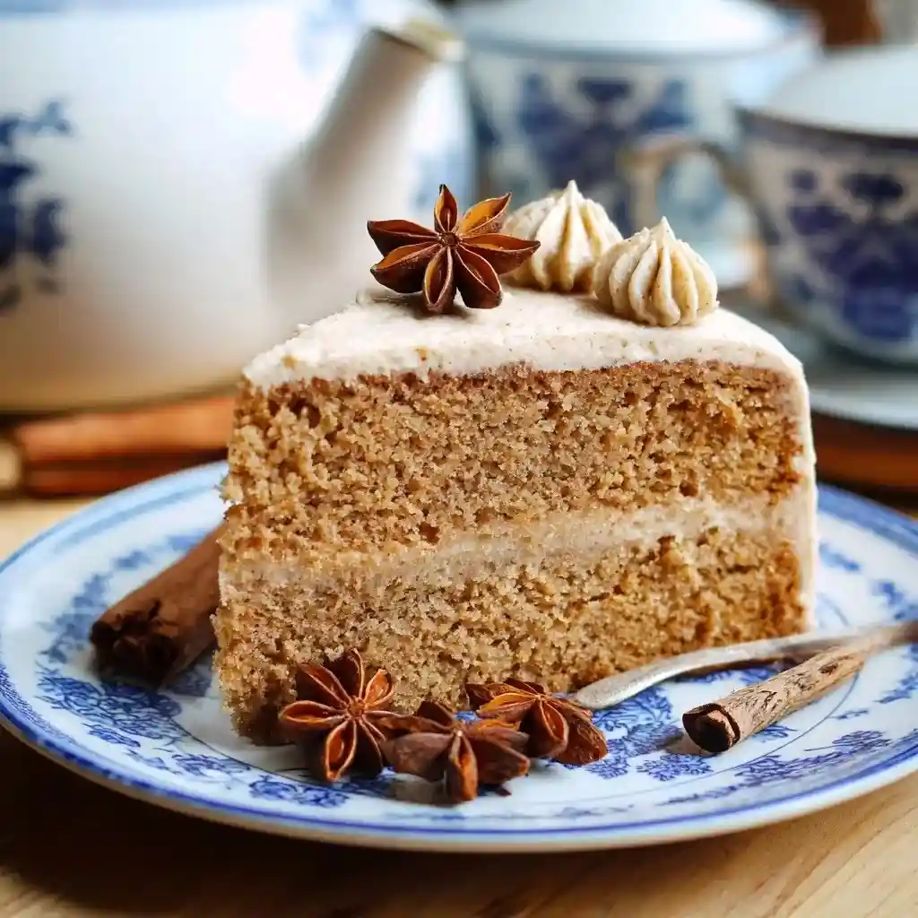 Slice of chai spice cake on a blue floral plate with cinnamon sticks and star anise.