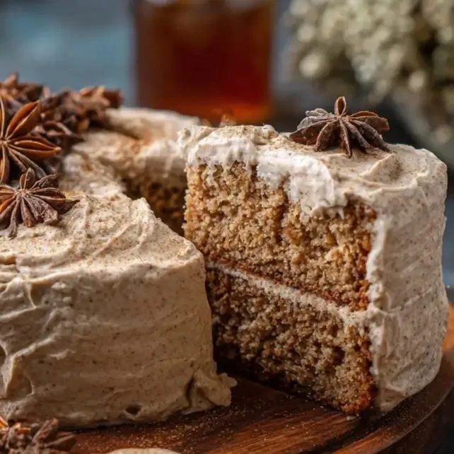 Frosted chai spice cake with star anise garnish and a slice removed to show moist, spiced layers.