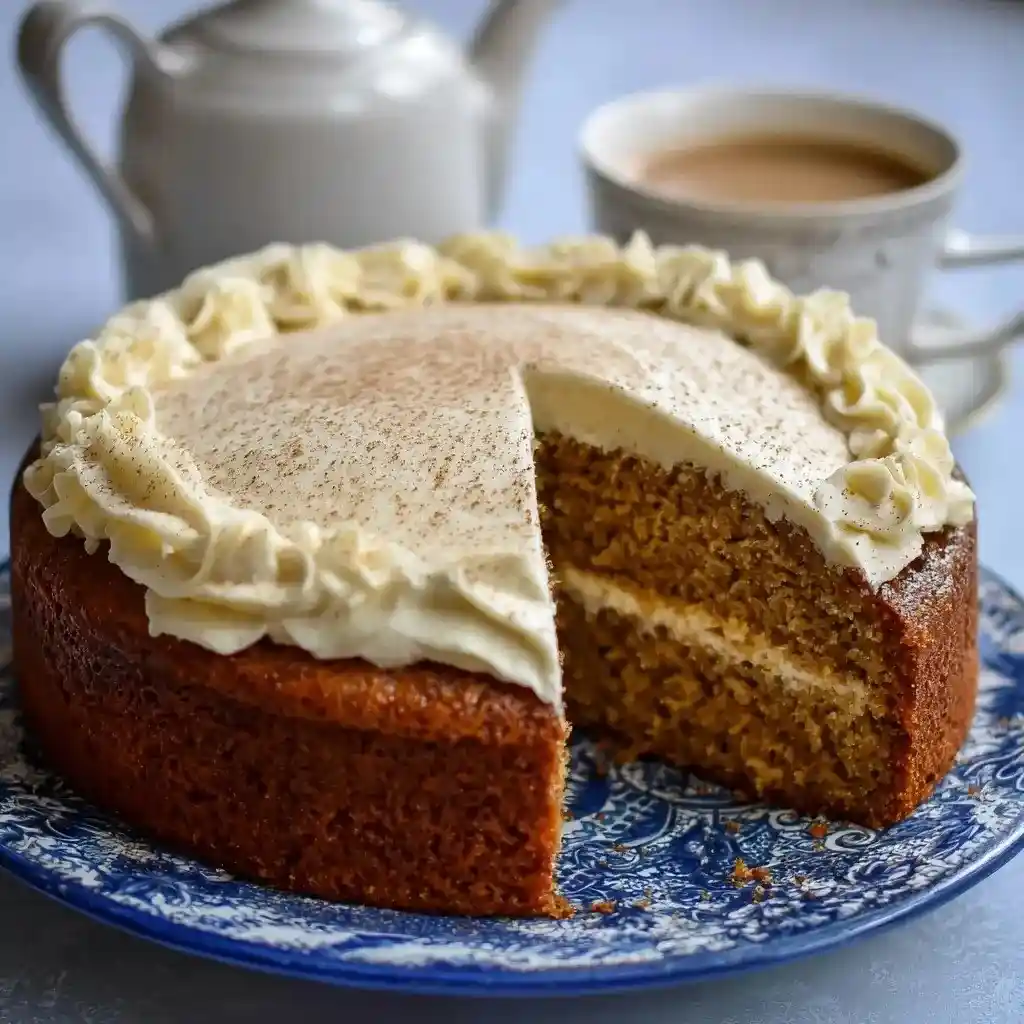 Chai spice cake with piped cream cheese frosting and dusted cinnamon on a patterned blue plate.