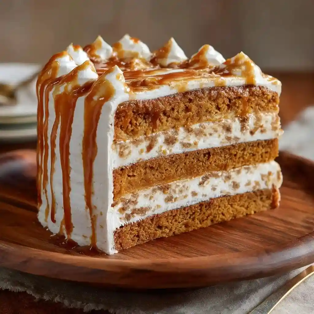Pumpkin spice layer cake slice with cream cheese frosting and caramel drizzle on a wooden plate.