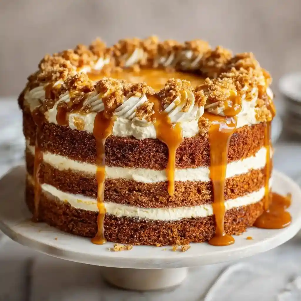 Pumpkin spice cake with cream cheese frosting, caramel drizzle, and crumb topping on a cake stand.