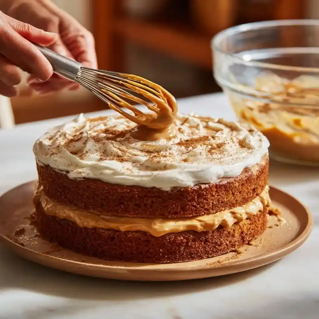Pumpkin spice layer cake being frosted with cream cheese and caramel using a whisk.