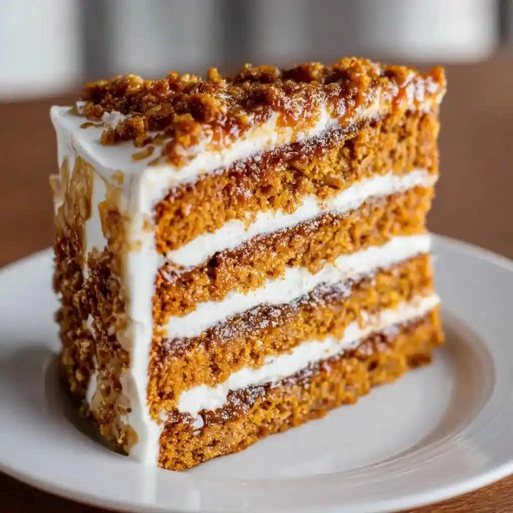 Close-up slice of pumpkin spice cake with cream cheese frosting and caramel drizzle.