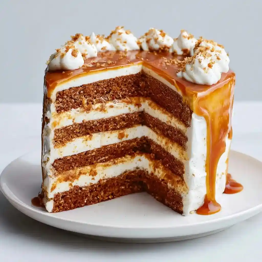Pumpkin spice layer cake with cream cheese frosting and caramel drizzle, sliced to show moist layers.