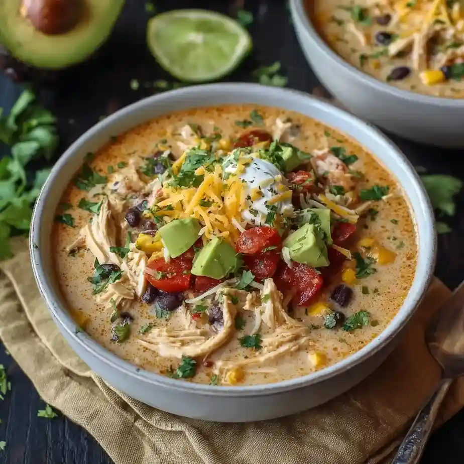 Bowl of creamy chicken taco soup with shredded chicken, avocado, cheese, and sour cream.